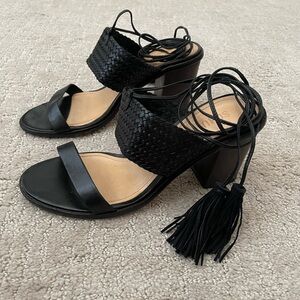 SCHUTZ Strappy Black Block Heel Sandals with Tassels